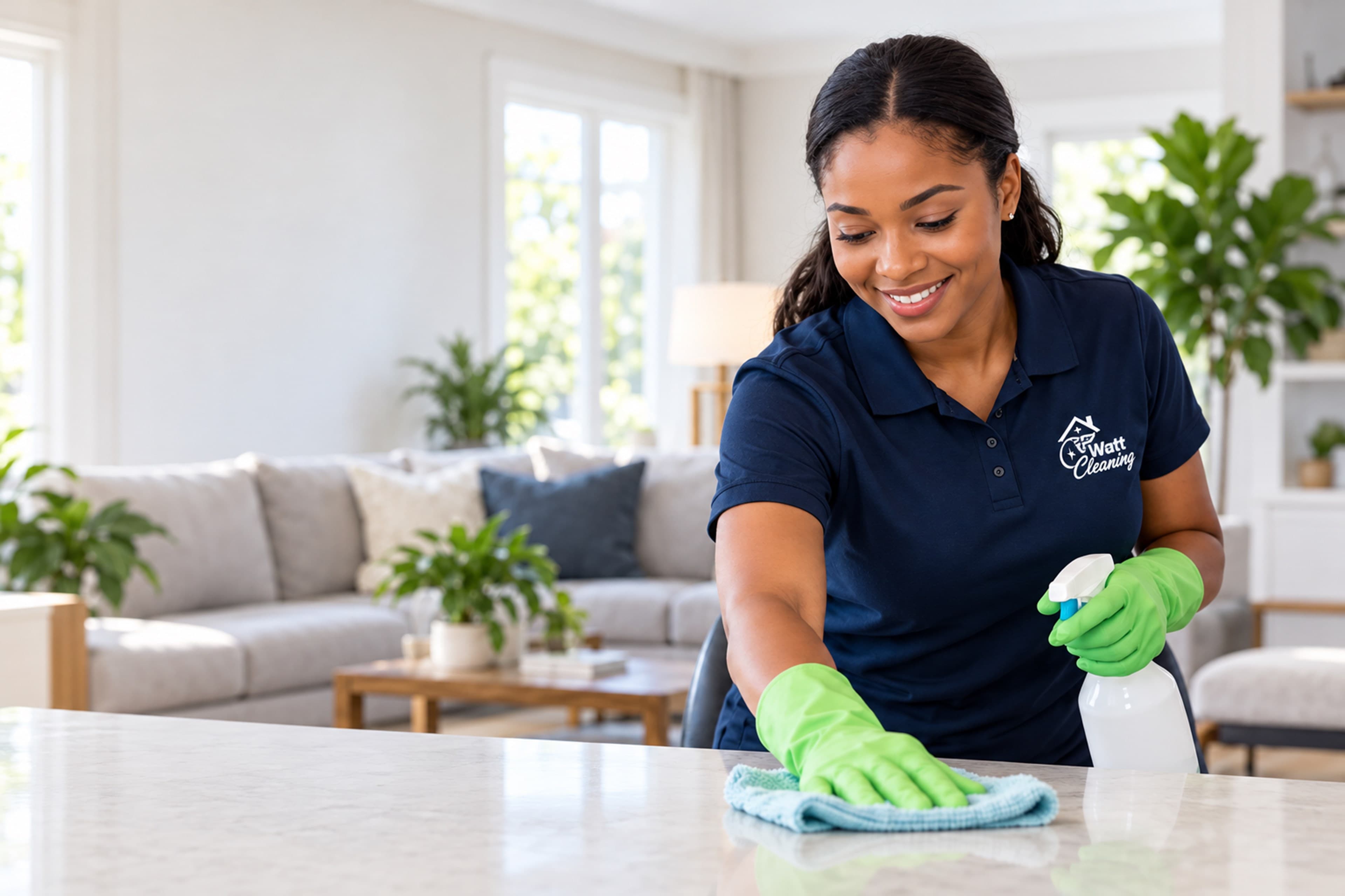 Une membre de l'équipe Watt Cleaning essuie une table dans un salon lumineux